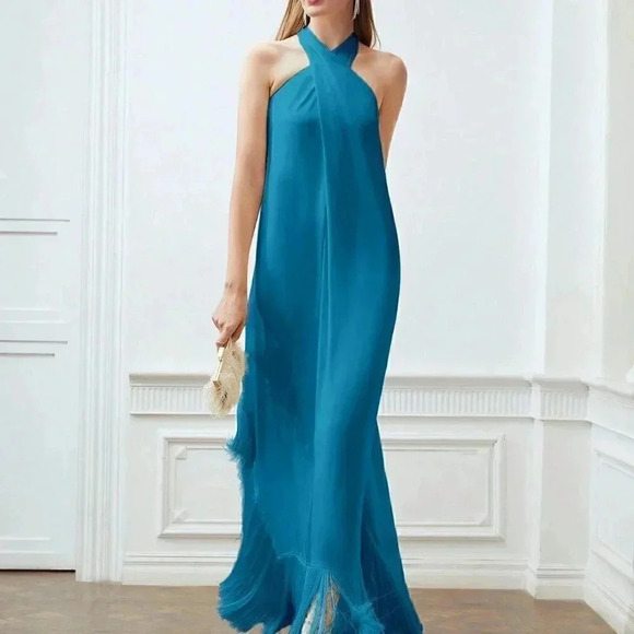 TEAL BLUE PREPPY WOMENS FRINGE HEM CROSS HALTER DRESS - Picture 2 of 5